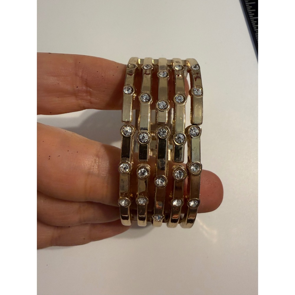 Gold Tone Multi Row Rhinestone Hinged Cuff Statement Bracelet Clear‎ Crystal